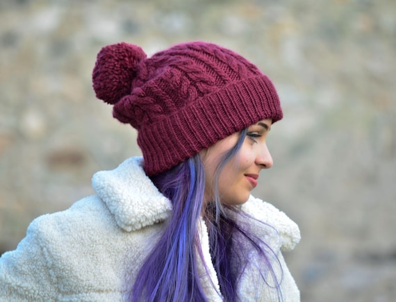 Burgundy Cable Knit Beanie: Wool Slouchy Pom Pom Hat - Etsy