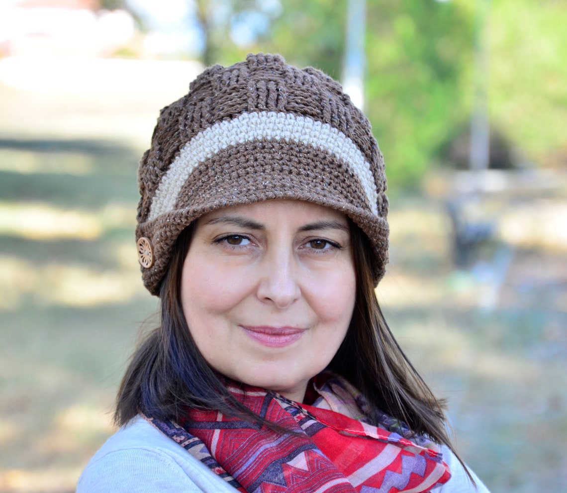 Crochet Newsboy Hat, Winter Hat Women, Newsboy Cap, Knitted Brown Hat