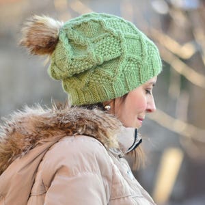 Winter hat beanie women hat with fur pom pom, green hat, knitted slouchy beanie women, wool hat, beanie alpaca, women gift image 10