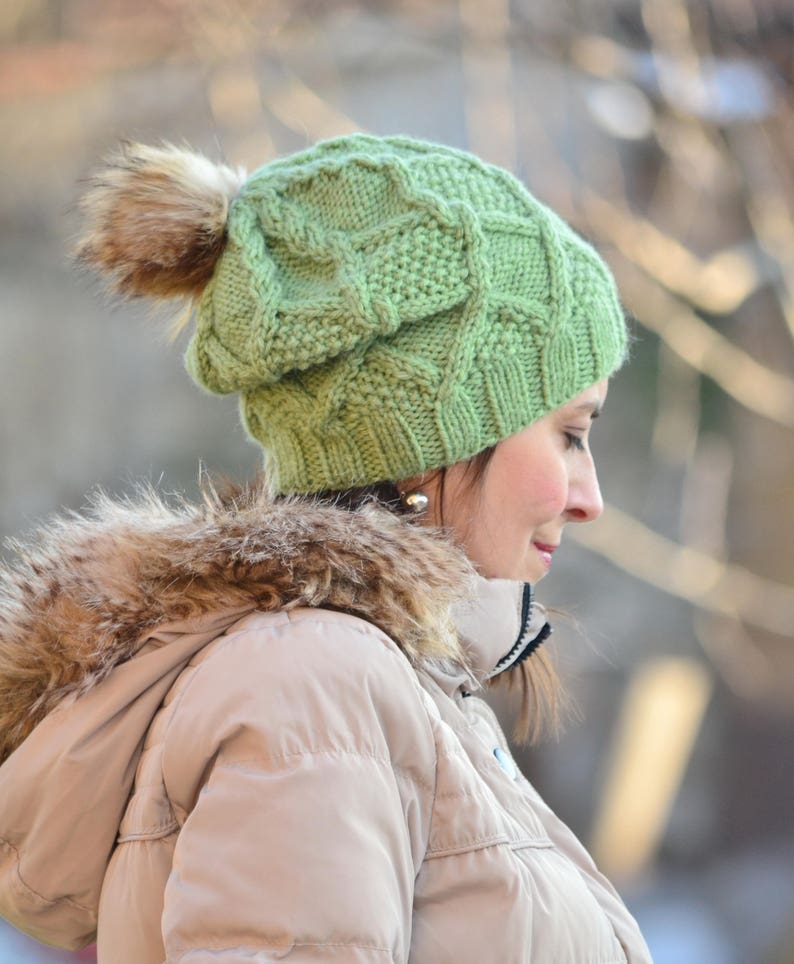 Winter hat beanie women hat with fur pom pom, green hat, knitted slouchy beanie women, wool hat, beanie alpaca, women gift image 10