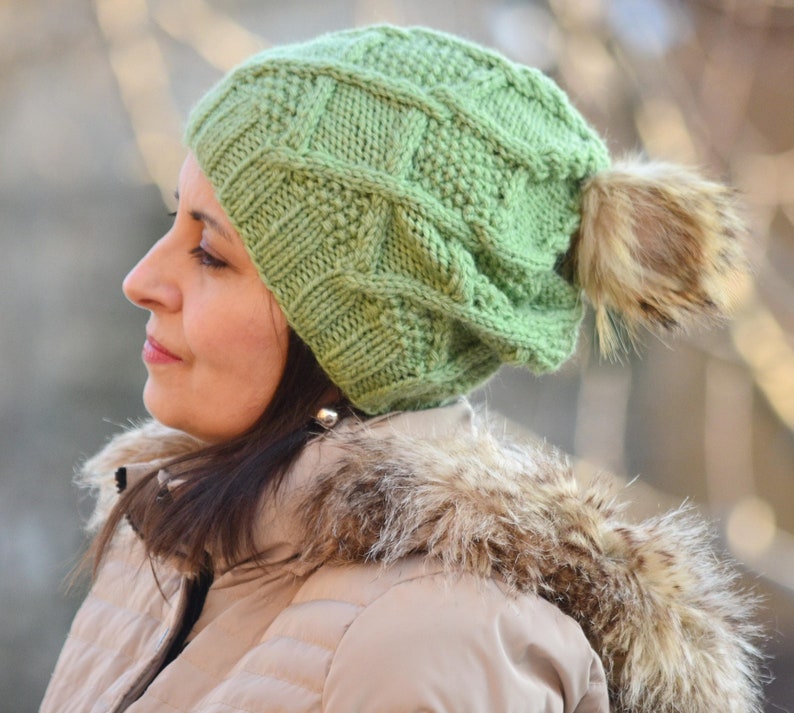 Winter hat beanie women hat with fur pom pom, green hat, knitted slouchy beanie women, wool hat, beanie alpaca, women gift image 1