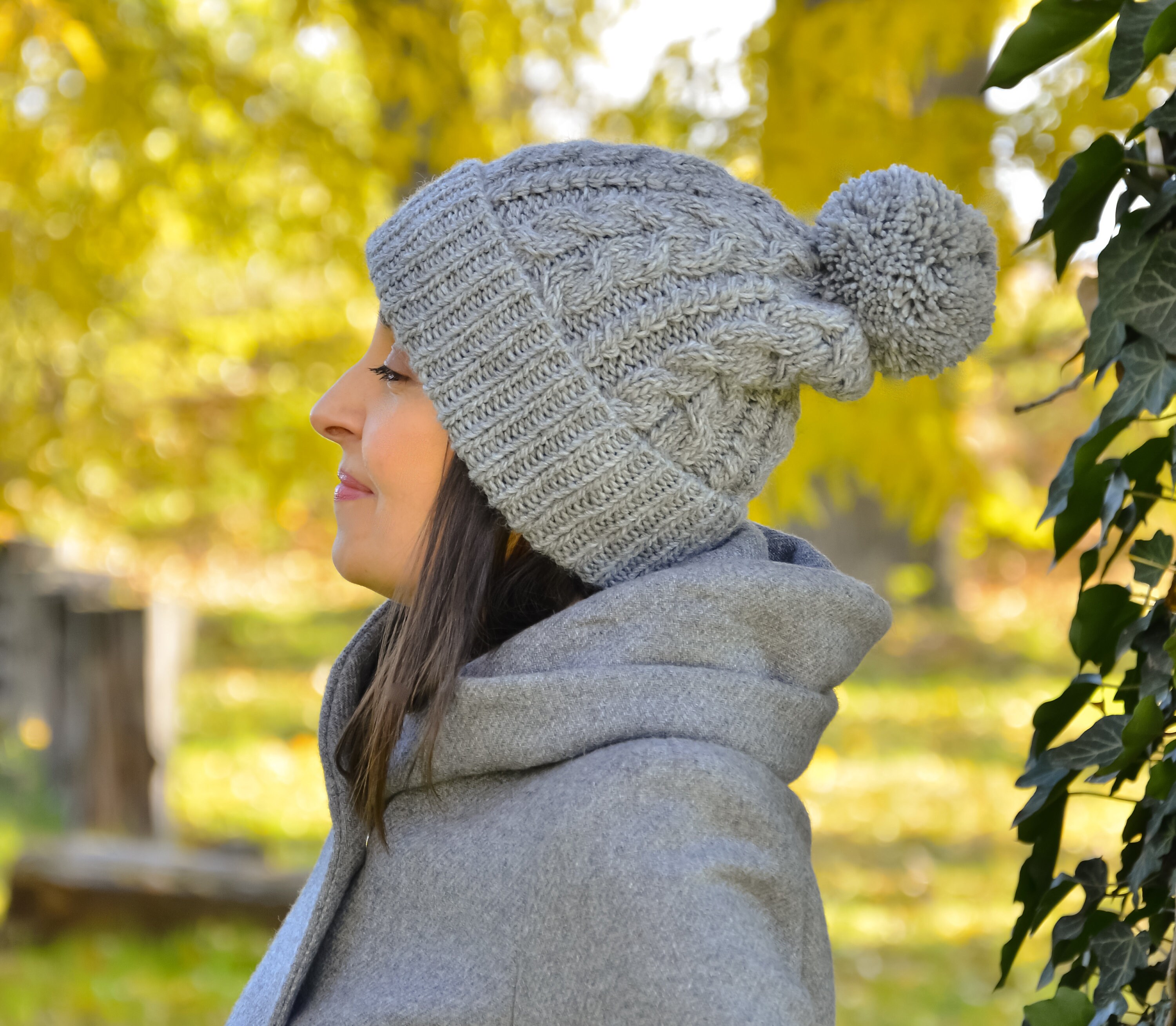 Gray knit hat women winter beanie pom pom wool hat women Etsy