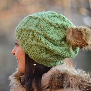 Winter hat beanie women hat with fur pom pom, green hat, knitted slouchy beanie women, wool hat, beanie alpaca, women gift image 4