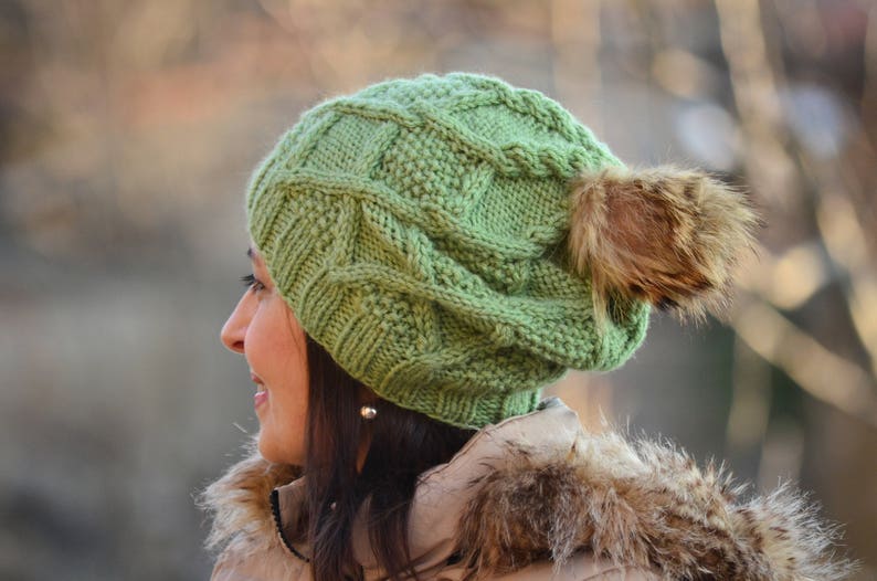 Winter hat beanie women hat with fur pom pom, green hat, knitted slouchy beanie women, wool hat, beanie alpaca, women gift image 4