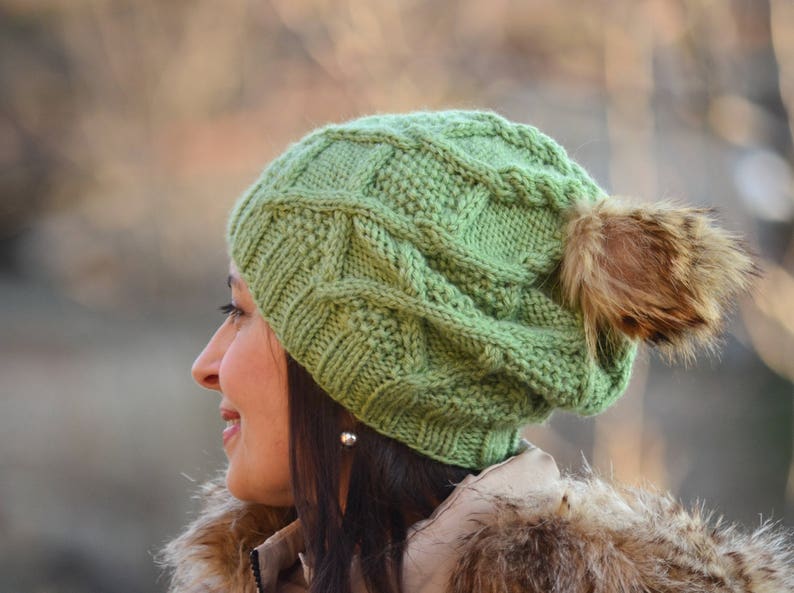 Winter hat beanie women hat with fur pom pom, green hat, knitted slouchy beanie women, wool hat, beanie alpaca, women gift image 3