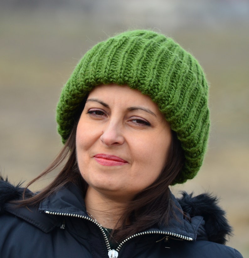 Mohair beanie woman green knit hat winter hat mohair fluffy Etsy