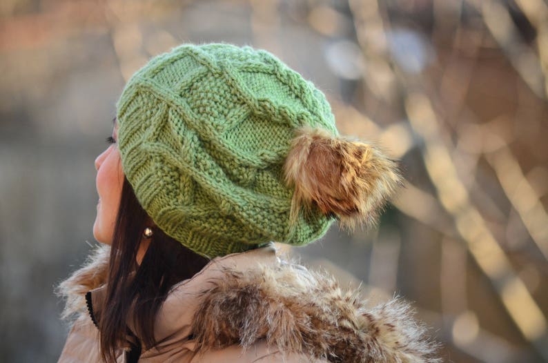 Winter hat beanie women hat with fur pom pom, green hat, knitted slouchy beanie women, wool hat, beanie alpaca, women gift image 5