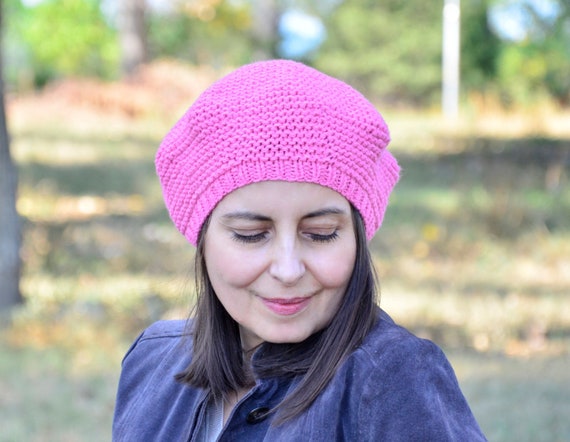 Hand Knitted Pink Merino Wool Beret: French Style Hat - Etsy display picture 1