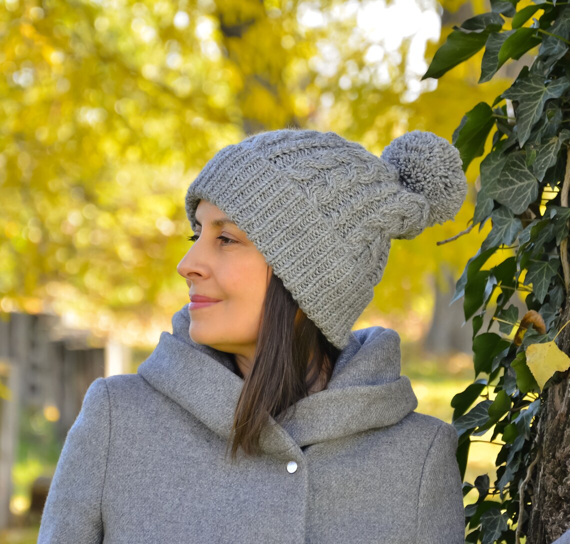 Gray Knit Hat Women Winter Beanie Pom Pom Wool Hat Women Etsy India