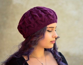 Hand knitted beret, merino wool hat, Purple beret women, cable knitted beret,  French beret winter, gift for her