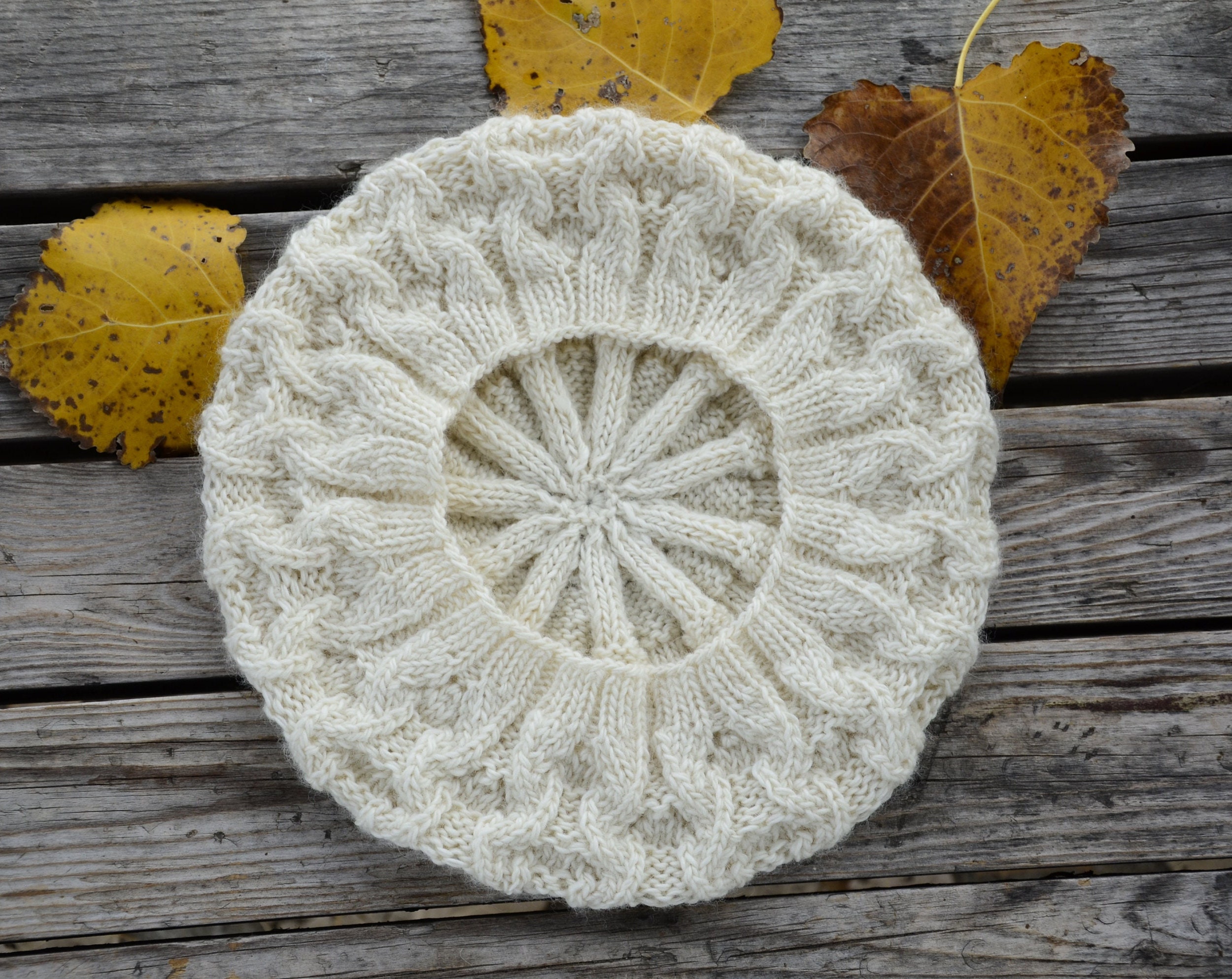Hand Knit Merino Wool Cream White Beret and Infinity Scarf  display picture 1