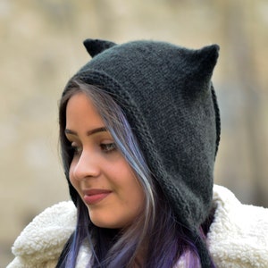 Cat ear hat, kitty bonnet, hand knitted wool hat, black cat ear beanie, cat ear bonnet, black cat, hooded hat, girlfriend gift image 4