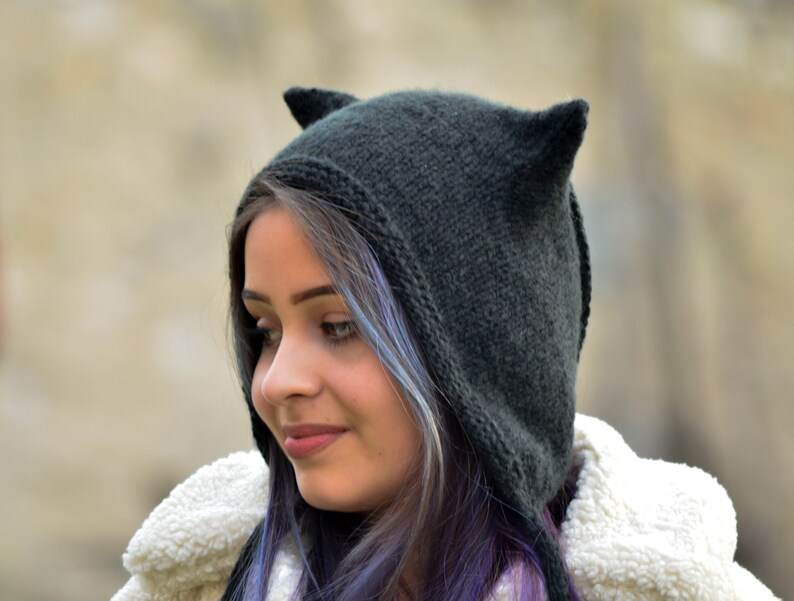 Cat ear hat, kitty bonnet, hand knitted wool hat, black cat ear beanie, cat ear bonnet, black cat, hooded hat, girlfriend gift image 4