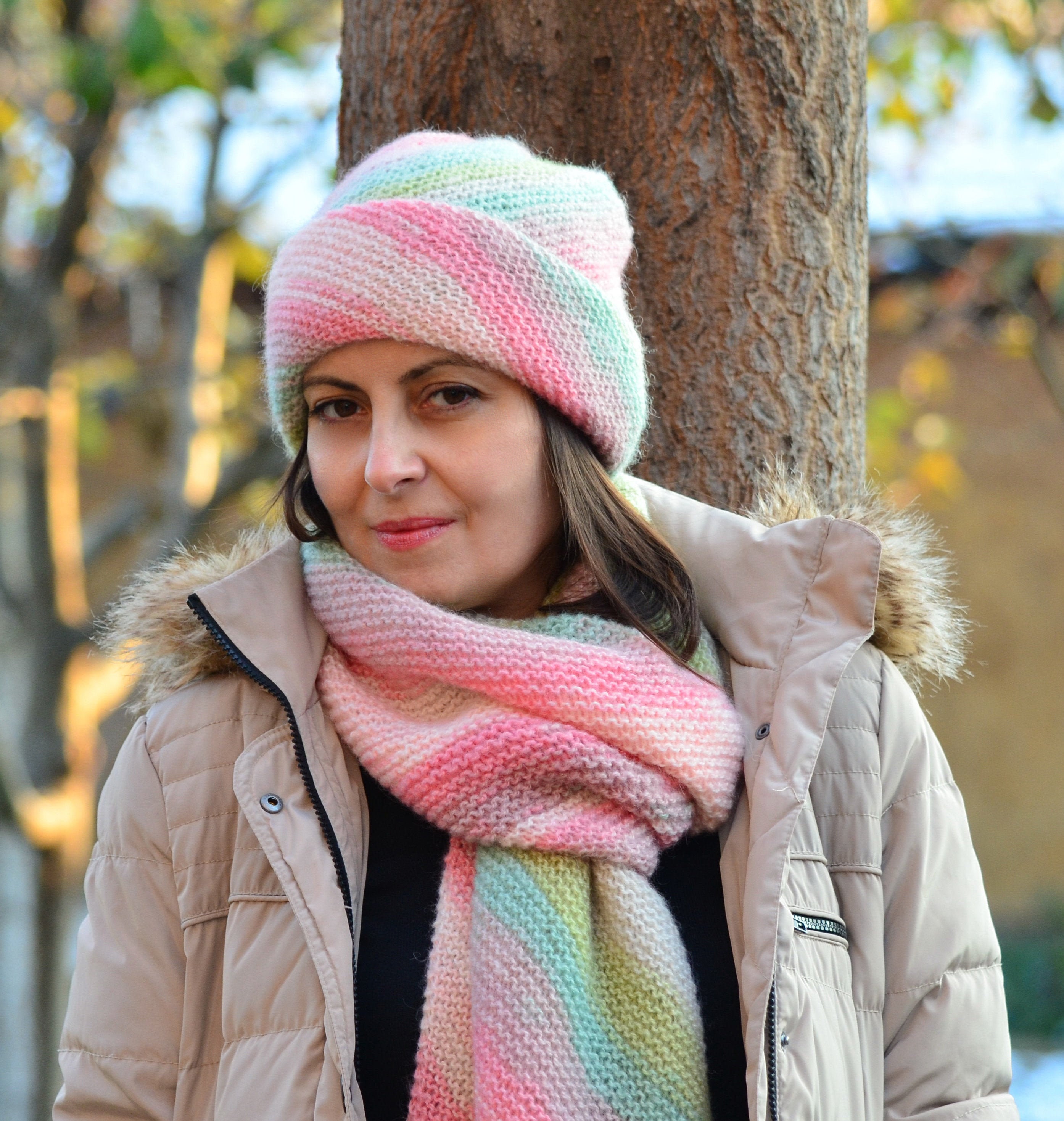 pink hat and scarf set womens