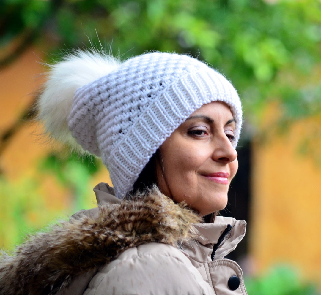 Handmade Hand Crafted Knit Wool Slouchy Hat with Fur Pompom Cream Ivory Peruvian Wool Knit Hat with Faux Fur Pom Pom – Woolly  main image 4