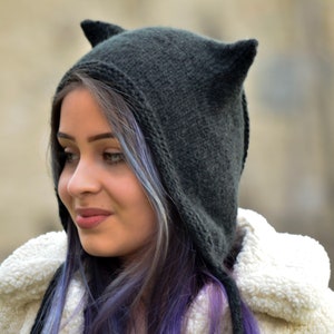 Cat ear hat, kitty bonnet, hand knitted wool hat, black cat ear beanie, cat ear bonnet, black cat, hooded hat, girlfriend gift image 5