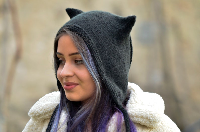 Cat ear hat, kitty bonnet, hand knitted wool hat, black cat ear beanie, cat ear bonnet, black cat, hooded hat, girlfriend gift image 5