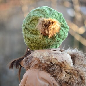Winter hat beanie women hat with fur pom pom, green hat, knitted slouchy beanie women, wool hat, beanie alpaca, women gift image 6
