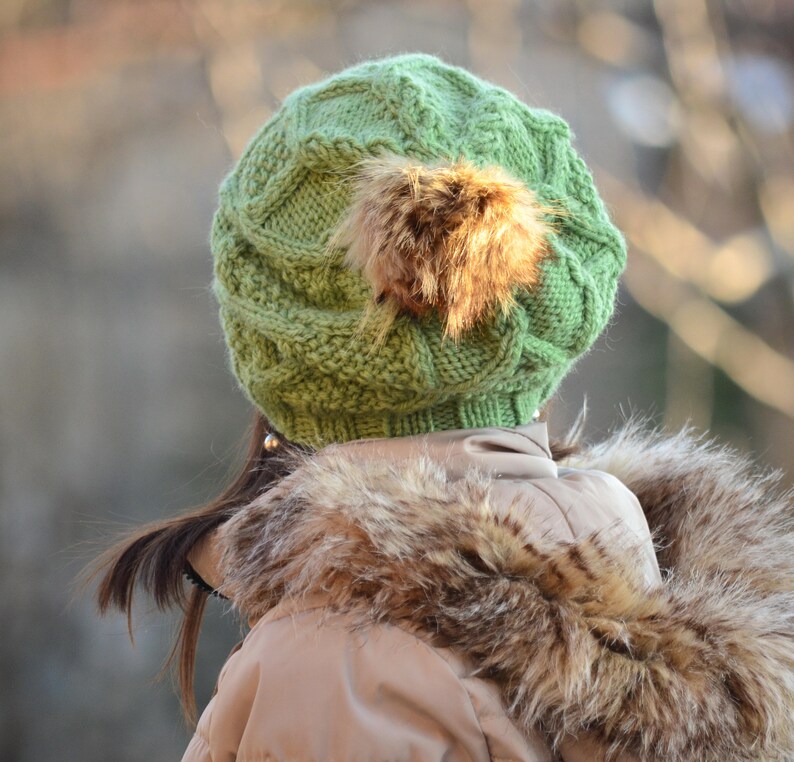 Winter hat beanie women hat with fur pom pom, green hat, knitted slouchy beanie women, wool hat, beanie alpaca, women gift image 6