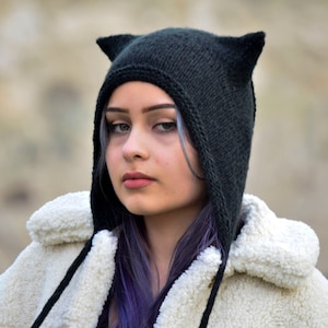 Cat ear hat, kitty bonnet, hand knitted wool hat, black cat ear beanie, cat ear bonnet, black cat, hooded hat, girlfriend gift image 1