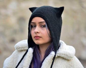 Cat ear hat, kitty bonnet, hand knitted wool hat, black cat ear beanie, cat ear bonnet, black cat, hooded hat, girlfriend gift