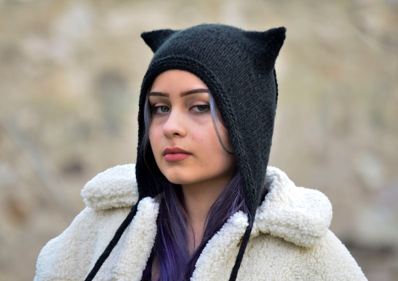 Cat ear hat, kitty bonnet, hand knitted wool hat, black cat ear beanie, cat ear bonnet, black cat, hooded hat, girlfriend gift image 1