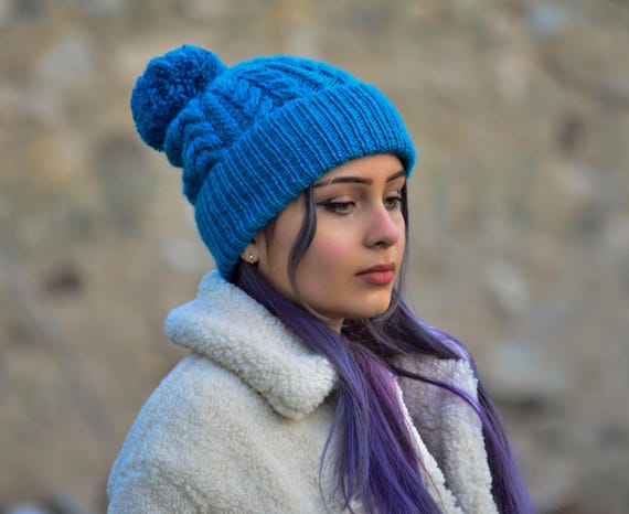Cobalt Real Fur Pom Pom Blue Beanie Cozy Perfect Slouch NWT  50% Britt main image 2