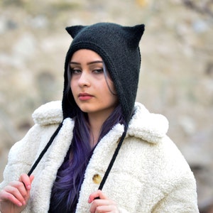 Cat ear hat, kitty bonnet, hand knitted wool hat, black cat ear beanie, cat ear bonnet, black cat, hooded hat, girlfriend gift image 6
