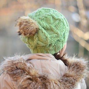 Winter hat beanie women hat with fur pom pom, green hat, knitted slouchy beanie women, wool hat, beanie alpaca, women gift image 7