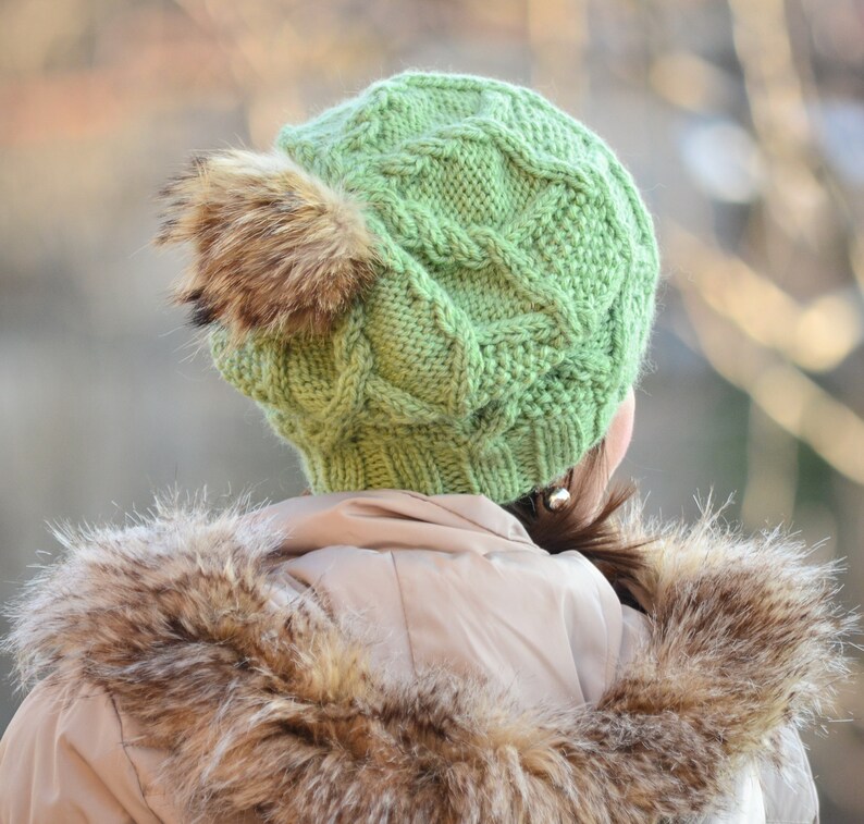 Winter hat beanie women hat with fur pom pom, green hat, knitted slouchy beanie women, wool hat, beanie alpaca, women gift image 7