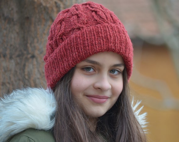 Red Knitted Hat Women Beanie Wool Hand 
