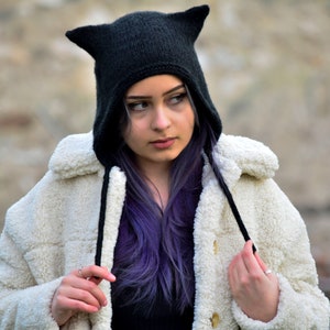 Cat ear hat, kitty bonnet, hand knitted wool hat, black cat ear beanie, cat ear bonnet, black cat, hooded hat, girlfriend gift image 3