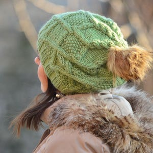 Winter hat beanie women hat with fur pom pom, green hat, knitted slouchy beanie women, wool hat, beanie alpaca, women gift image 8