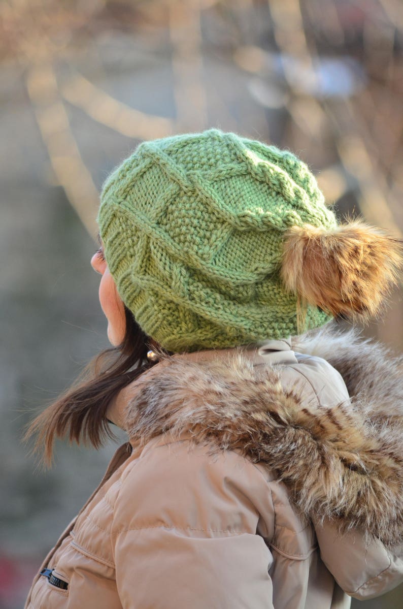 Winter hat beanie women hat with fur pom pom, green hat, knitted slouchy beanie women, wool hat, beanie alpaca, women gift image 8