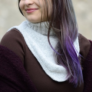 May include: A white knitted cowl neck collar with a brown turtleneck sweater underneath. The person has long purple and gray hair.