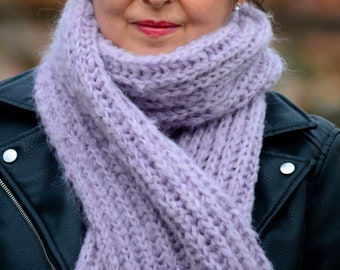 Chunky Mohair Scarf, Hand Knit Lilac Wool Wrap in Fisherman's Rib, Long Oversized Winter Scarf for Women, Gift for Her