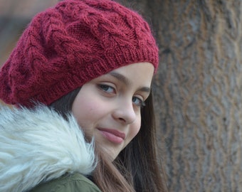 Hand knitted beret, merino wool hat, Red beret women, cable knitted beret,  French beret winter, gift for her