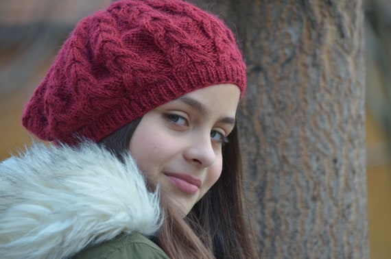 Hand Knitted Beret Merino Wool Hat Red 