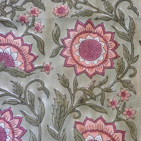 Handmade by Artisans in INDIA  Sage Green Background  Floral Peach and Mauve Rose  & Olive Leaves  By the Yard  Dressmaking Weight