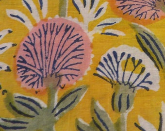 Final piece Bonus length 30&quot; L x 44&quot; W Block Print Fabric from India Floral Print Marigold Yellow with Pink & White WIND FLOWERS  Organic