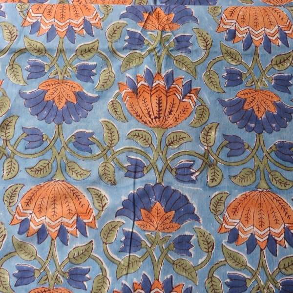 New Shipment ! LOTUS Block Print Fabric 100% Cotton,  Plant Dyed, Sky Blue, Melon, and Royal Blue  FLORAL Sustainable & Ethically Sourced