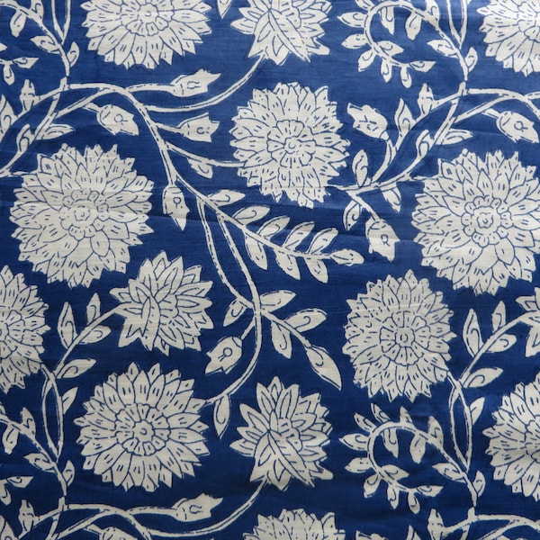 Final Piece 60" Long x 44" Wide DRESS Making Weight Artisan BLOCK PRINT 100% Cotton from India White Floral Vining Print Royal Blue