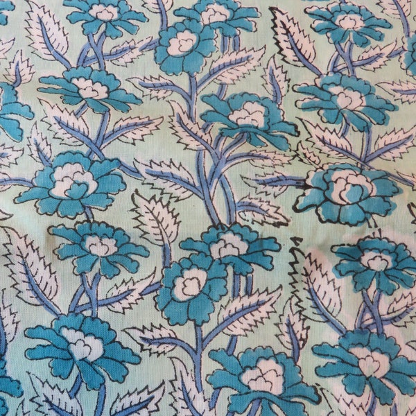 New! Stunning Artisan Made BLOCK PRINT Fabric 100% Organic Cotton Sea Green, Teal and Periwinkle Blue, Cut to your Length, USA Seller