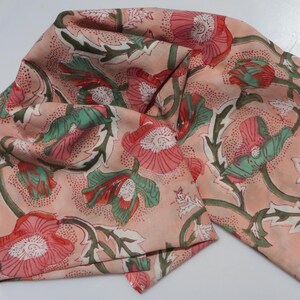 Block Print Scarf /Shawl, Head wrap Sustainable Organic Cotton PEACH POPPIES 20" W x72" L , Handmade Gift for Mom Head Wrap, Finished Edge zdjęcie 5