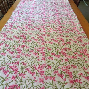 Polished Organic Cotton ,  Sweet Pea Blossoms  PINK on White Background with green accents  Artisan Made continuous by the yard.