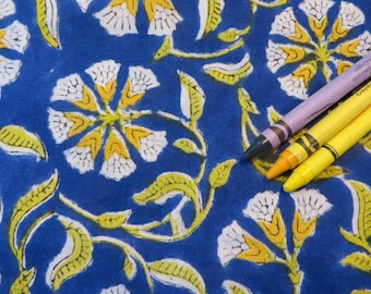 Final Piece measures 34" L x 44" W Block Print Fabric Artisan Made, Handmade, Royal Blue & Yellow Floral, 100% Organic Cotton Voile