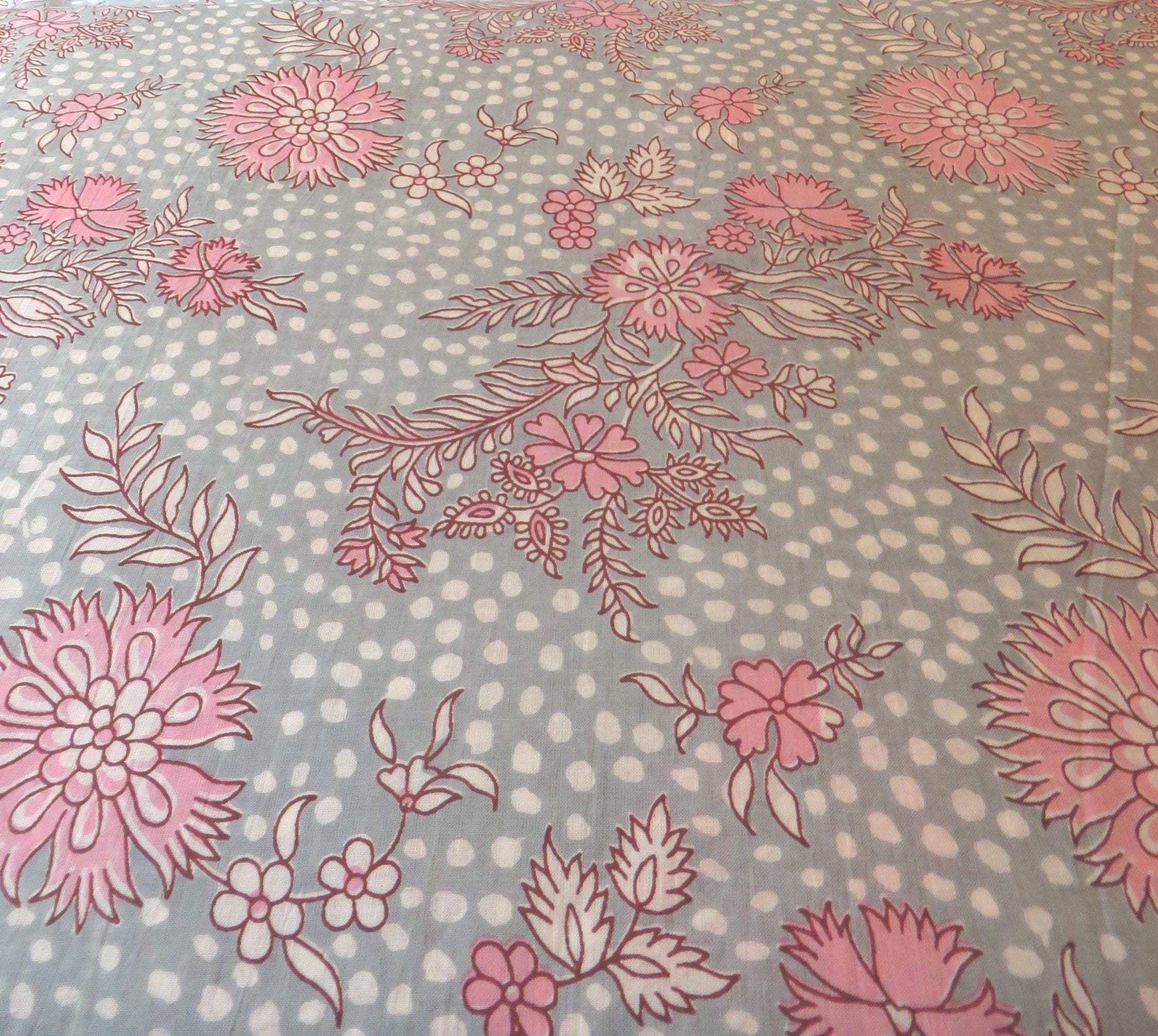 Discounted !Block Print Fabric, Organic Cotton LICHEN Gray-Green Background with Pink Print, Clothing Design, Home Decor Design Fabric.