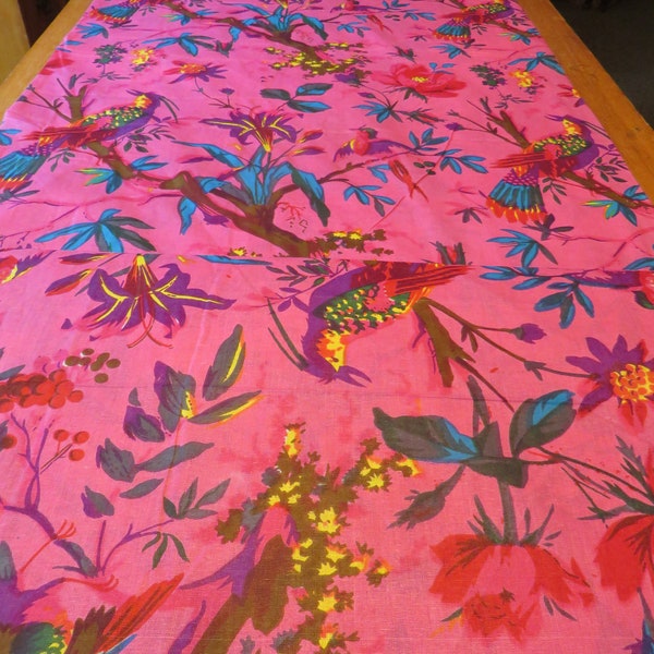 New Block Print " Tapestry  " Style Print, Brilliant Flowers and Exotic Birds. Home Decor, Clothing Design, 44 inches Wide.