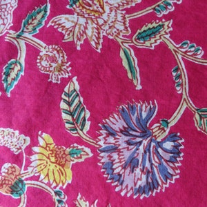 Breezy Artisan made BLOCK PRINT Fabric from India,  Floral Print BERRY Pink , Blue, Marigold & Green , Caftan, Home Decor, Pillow