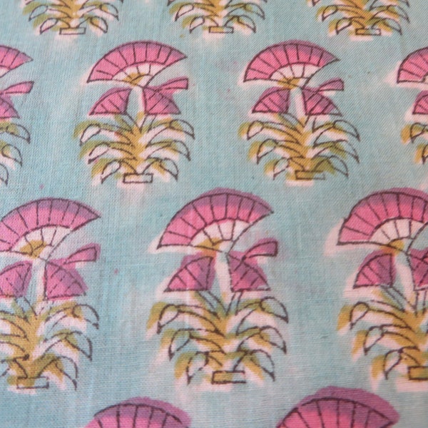 Block Print Organic Cotton Fabric Cut to Length, Blue/Green with Pink Stylized Lotus . Create Boho Skirts, Scarves, PJ Pants, USA Seller